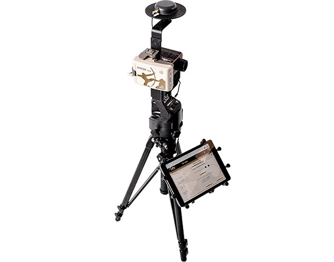 Eos GNSS receiver, laser rangefinder and tablet on a range pole