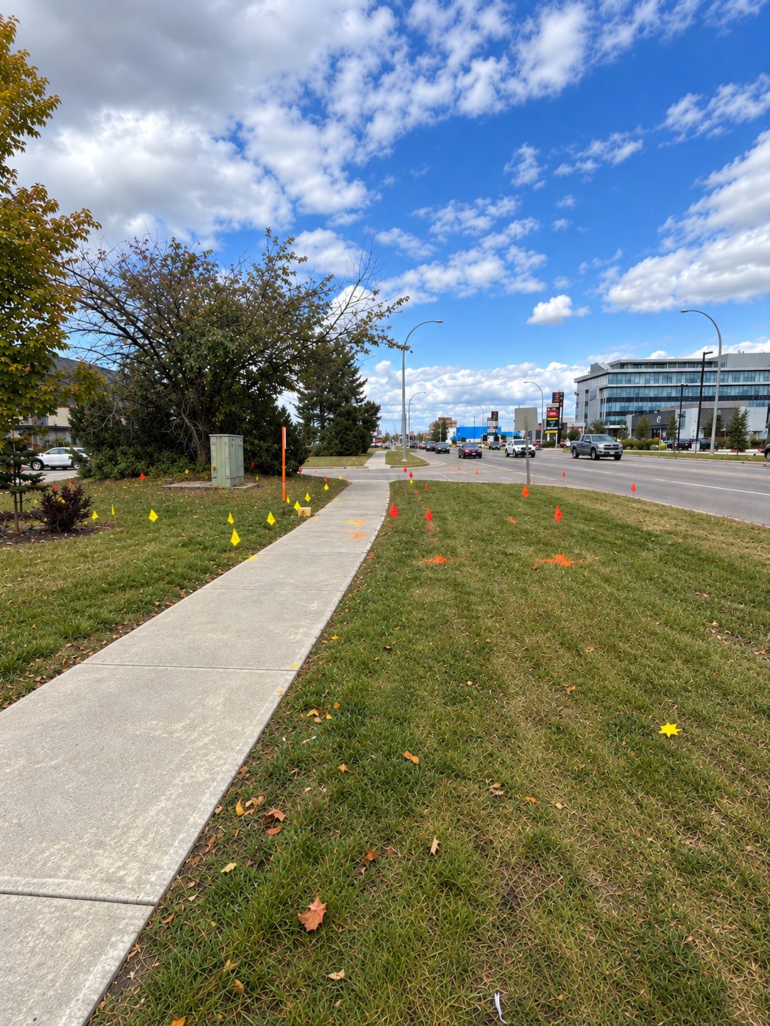 Utility flags and paint markings at a field site.